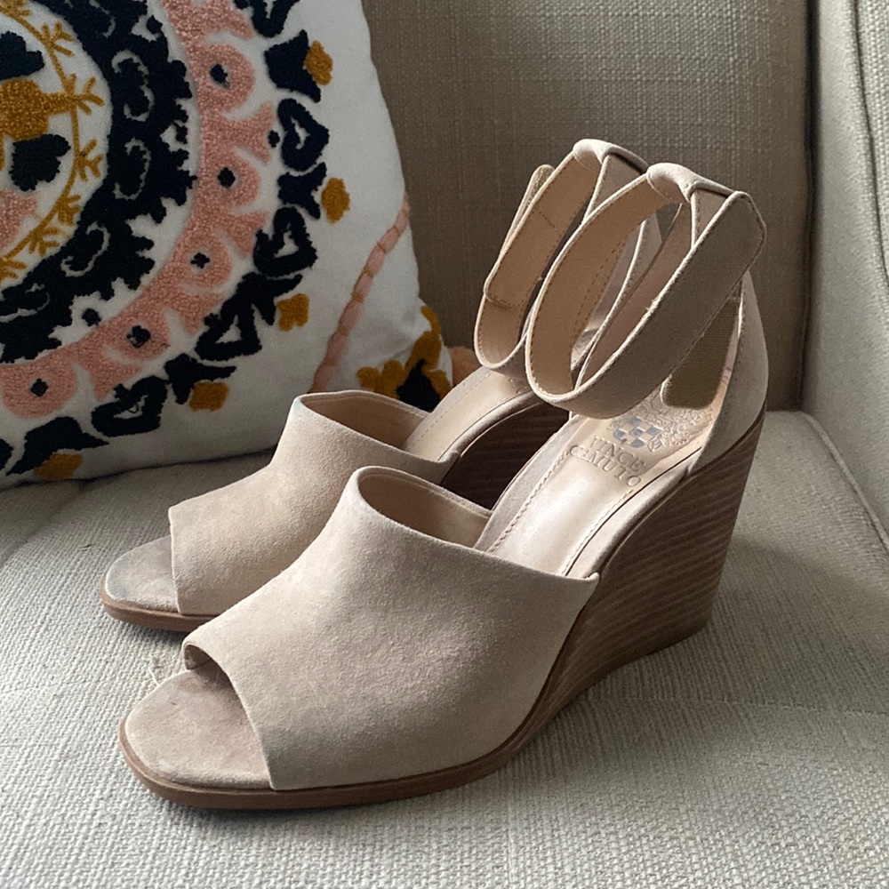 Vince Camuto Taupe Suede Peep-Toe Ankle Strap Wedges